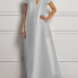 Loose Short Sleeves Shiny Solid Color V-Neck Maxi Dresses