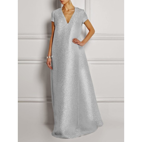 Loose Short Sleeves Shiny Solid Color V-Neck Maxi Dresses Loose Short Sleeves Shiny Solid Color V-Neck Maxi Dresses