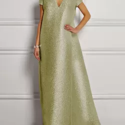 Loose Short Sleeves Shiny Solid Color V-Neck Maxi Dresses