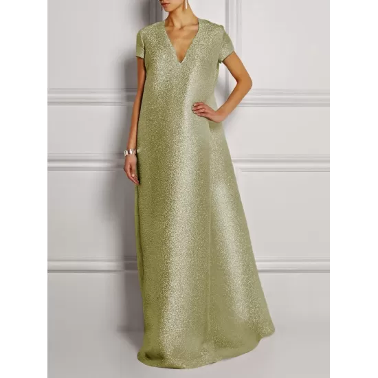 Loose Short Sleeves Shiny Solid Color V-Neck Maxi Dresses Loose Short Sleeves Shiny Solid Color V-Neck Maxi Dresses