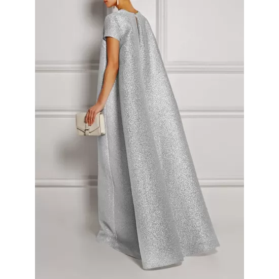 Loose Short Sleeves Shiny Solid Color V-Neck Maxi Dresses Loose Short Sleeves Shiny Solid Color V-Neck Maxi Dresses