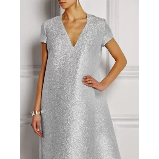 Loose Short Sleeves Shiny Solid Color V-Neck Maxi Dresses Loose Short Sleeves Shiny Solid Color V-Neck Maxi Dresses