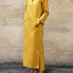 Long Sleeves Loose Solid Color Split-Side Stand Collar Midi Dresses