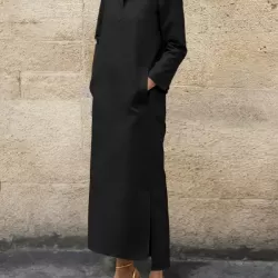 Long Sleeves Loose Solid Color Split-Side Stand Collar Midi Dresses