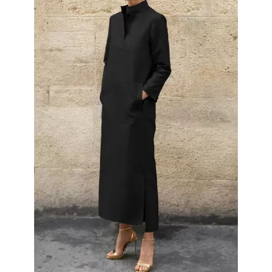 Long Sleeves Loose Solid Color Split-Side Stand Collar Midi Dresses Long Sleeves Loose Solid Color Split-Side Stand Collar Midi Dresses
