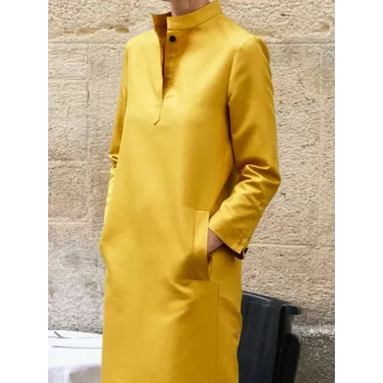 Long Sleeves Loose Solid Color Split-Side Stand Collar Midi Dresses Long Sleeves Loose Solid Color Split-Side Stand Collar Midi Dresses