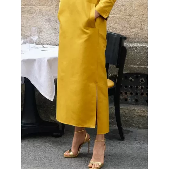 Long Sleeves Loose Solid Color Split-Side Stand Collar Midi Dresses Long Sleeves Loose Solid Color Split-Side Stand Collar Midi Dresses