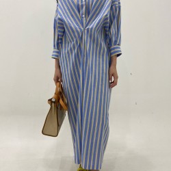 Buttoned Contrast Color Pockets Striped Long Sleeves Loose Lapel Shirt Dress Midi Dresses