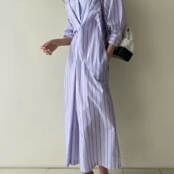 Buttoned Contrast Color Pockets Striped Long Sleeves Loose Lapel Shirt Dress Midi Dresses