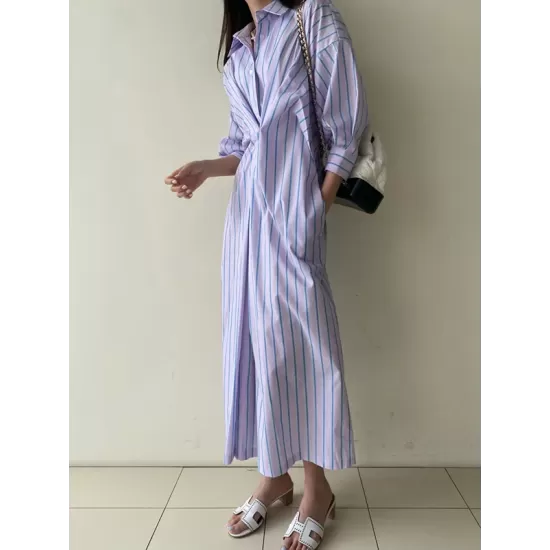 Buttoned Contrast Color Pockets Striped Long Sleeves Loose Lapel Shirt Dress Midi Dresses Buttoned Contrast Color Pockets Striped Long Sleeves Loose Lapel Shirt Dress Midi Dresses