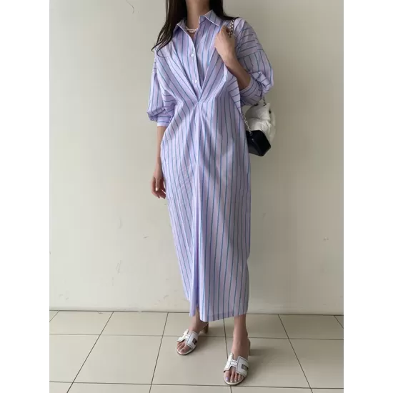Buttoned Contrast Color Pockets Striped Long Sleeves Loose Lapel Shirt Dress Midi Dresses Buttoned Contrast Color Pockets Striped Long Sleeves Loose Lapel Shirt Dress Midi Dresses