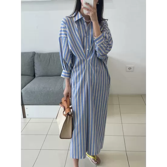Buttoned Contrast Color Pockets Striped Long Sleeves Loose Lapel Shirt Dress Midi Dresses Buttoned Contrast Color Pockets Striped Long Sleeves Loose Lapel Shirt Dress Midi Dresses