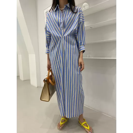 Buttoned Contrast Color Pockets Striped Long Sleeves Loose Lapel Shirt Dress Midi Dresses Buttoned Contrast Color Pockets Striped Long Sleeves Loose Lapel Shirt Dress Midi Dresses