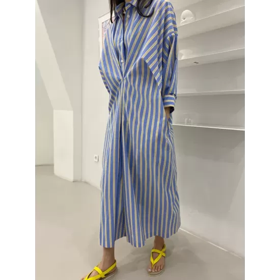 Buttoned Contrast Color Pockets Striped Long Sleeves Loose Lapel Shirt Dress Midi Dresses Buttoned Contrast Color Pockets Striped Long Sleeves Loose Lapel Shirt Dress Midi Dresses