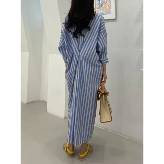 Buttoned Contrast Color Pockets Striped Long Sleeves Loose Lapel Shirt Dress Midi Dresses Buttoned Contrast Color Pockets Striped Long Sleeves Loose Lapel Shirt Dress Midi Dresses