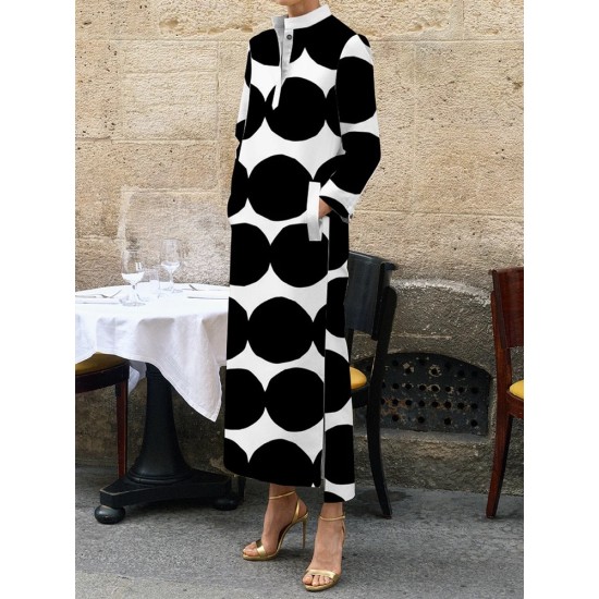 Long Sleeves Loose Polka-Dot Split-Side Stand Collar Midi Dresses Long Sleeves Loose Polka-Dot Split-Side Stand Collar Midi Dresses
