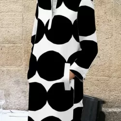 Long Sleeves Loose Polka-Dot Split-Side Stand Collar Midi Dresses