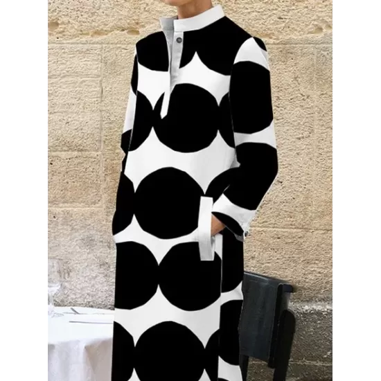 Long Sleeves Loose Polka-Dot Split-Side Stand Collar Midi Dresses Long Sleeves Loose Polka-Dot Split-Side Stand Collar Midi Dresses