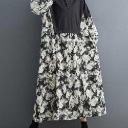 Buttoned Printed Split-Joint Long Sleeves Loose Lapel Midi Dresses