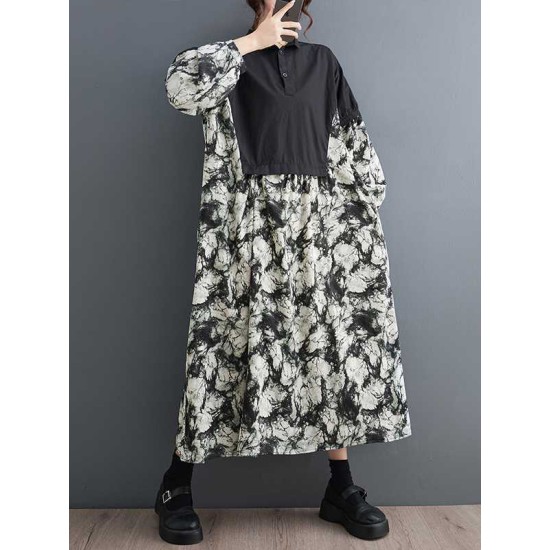 Buttoned Printed Split-Joint Long Sleeves Loose Lapel Midi Dresses Buttoned Printed Split-Joint Long Sleeves Loose Lapel Midi Dresses