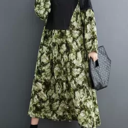 Buttoned Printed Split-Joint Long Sleeves Loose Lapel Midi Dresses
