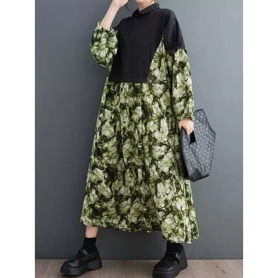 Buttoned Printed Split-Joint Long Sleeves Loose Lapel Midi Dresses Buttoned Printed Split-Joint Long Sleeves Loose Lapel Midi Dresses