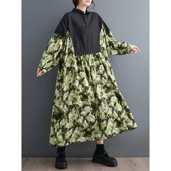 Buttoned Printed Split-Joint Long Sleeves Loose Lapel Midi Dresses Buttoned Printed Split-Joint Long Sleeves Loose Lapel Midi Dresses