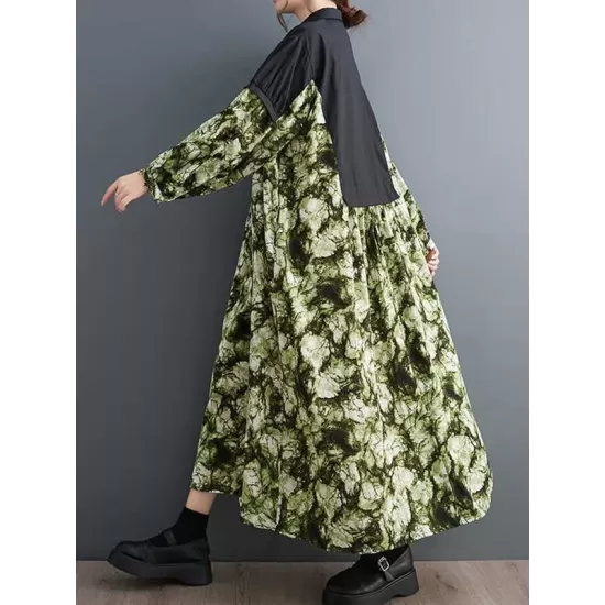 Buttoned Printed Split-Joint Long Sleeves Loose Lapel Midi Dresses Buttoned Printed Split-Joint Long Sleeves Loose Lapel Midi Dresses