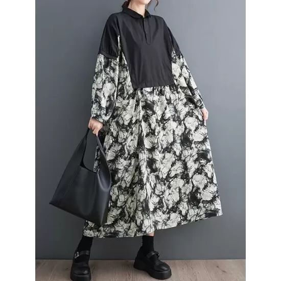 Buttoned Printed Split-Joint Long Sleeves Loose Lapel Midi Dresses Buttoned Printed Split-Joint Long Sleeves Loose Lapel Midi Dresses