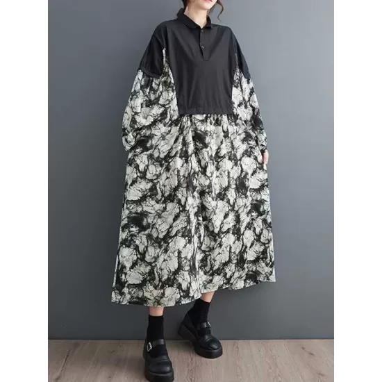 Buttoned Printed Split-Joint Long Sleeves Loose Lapel Midi Dresses Buttoned Printed Split-Joint Long Sleeves Loose Lapel Midi Dresses