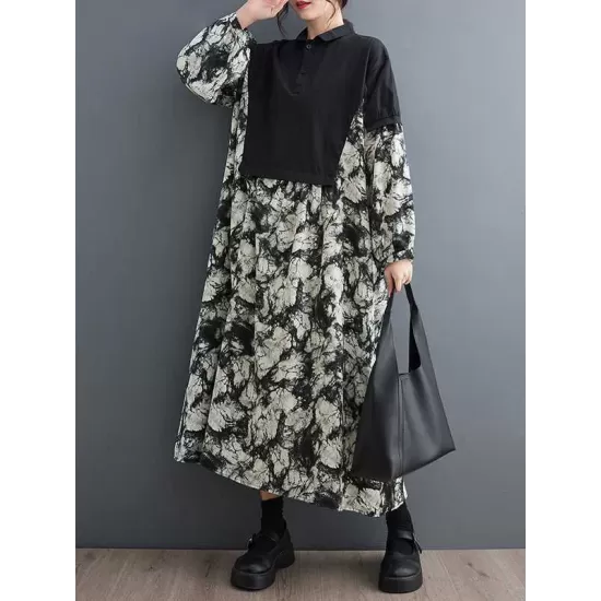 Buttoned Printed Split-Joint Long Sleeves Loose Lapel Midi Dresses Buttoned Printed Split-Joint Long Sleeves Loose Lapel Midi Dresses