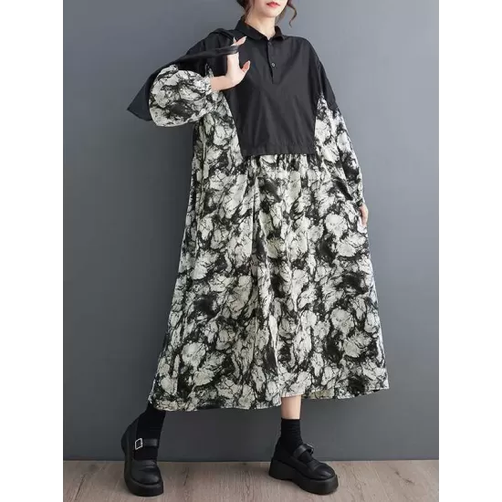 Buttoned Printed Split-Joint Long Sleeves Loose Lapel Midi Dresses Buttoned Printed Split-Joint Long Sleeves Loose Lapel Midi Dresses