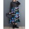 Buttoned Pleated Printed Split-Joint A-Line Long Sleeves Lapel Midi Dresses