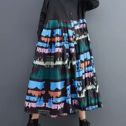 Buttoned Pleated Printed Split-Joint A-Line Long Sleeves Lapel Midi Dresses
