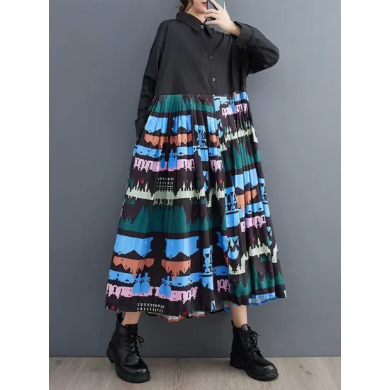Buttoned Pleated Printed Split-Joint A-Line Long Sleeves Lapel Midi Dresses Buttoned Pleated Printed Split-Joint A-Line Long Sleeves Lapel Midi Dresses