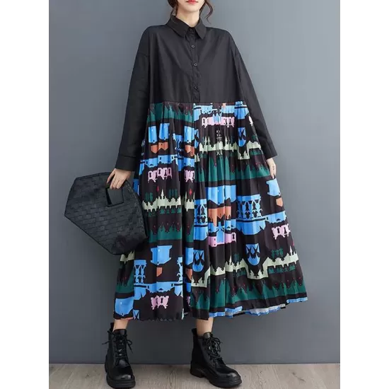 Buttoned Pleated Printed Split-Joint A-Line Long Sleeves Lapel Midi Dresses Buttoned Pleated Printed Split-Joint A-Line Long Sleeves Lapel Midi Dresses