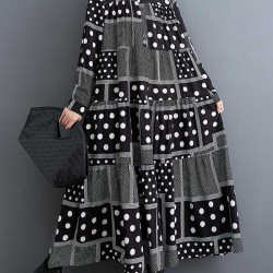 Buttoned Polka-Dot Printed Split-Joint Long Sleeves Loose Midi Dresses