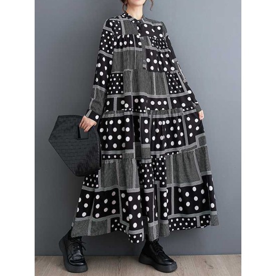 Buttoned Polka-Dot Printed Split-Joint Long Sleeves Loose Midi Dresses Buttoned Polka-Dot Printed Split-Joint Long Sleeves Loose Midi Dresses