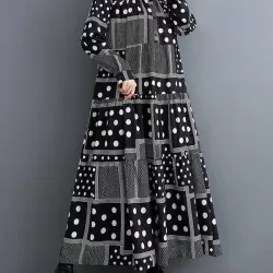 Buttoned Polka-Dot Printed Split-Joint Long Sleeves Loose Midi Dresses