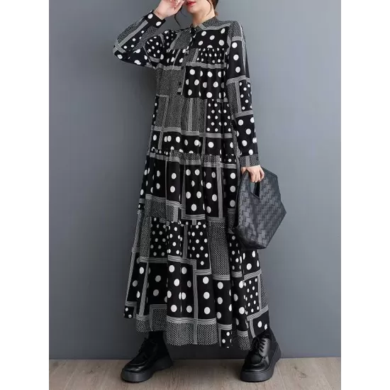 Buttoned Polka-Dot Printed Split-Joint Long Sleeves Loose Midi Dresses Buttoned Polka-Dot Printed Split-Joint Long Sleeves Loose Midi Dresses