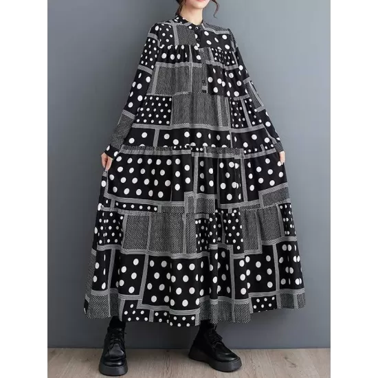 Buttoned Polka-Dot Printed Split-Joint Long Sleeves Loose Midi Dresses Buttoned Polka-Dot Printed Split-Joint Long Sleeves Loose Midi Dresses