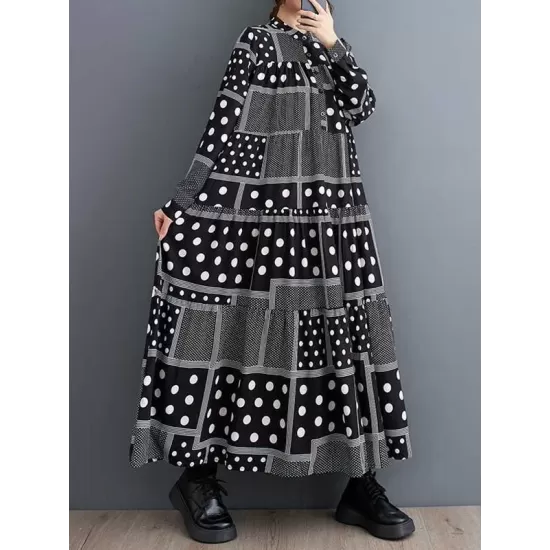 Buttoned Polka-Dot Printed Split-Joint Long Sleeves Loose Midi Dresses Buttoned Polka-Dot Printed Split-Joint Long Sleeves Loose Midi Dresses