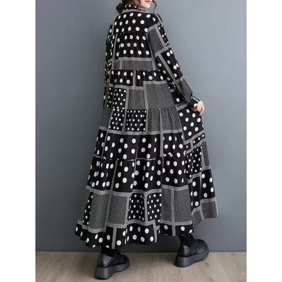 Buttoned Polka-Dot Printed Split-Joint Long Sleeves Loose Midi Dresses Buttoned Polka-Dot Printed Split-Joint Long Sleeves Loose Midi Dresses