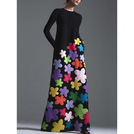 Long Sleeves Asymmetric Floral Round-Neck Maxi Dresses Long Sleeves Asymmetric Floral Round-Neck Maxi Dresses