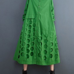 Asymmetric Hollow Polka-Dot Solid Color A-Line Long Sleeves Lapel Midi Dresses