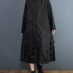 Asymmetric Hollow Polka-Dot Solid Color A-Line Long Sleeves Lapel Midi Dresses