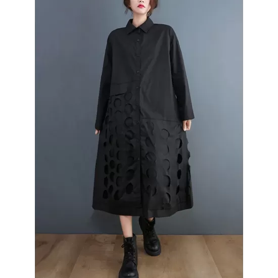 Asymmetric Hollow Polka-Dot Solid Color A-Line Long Sleeves Lapel Midi Dresses Asymmetric Hollow Polka-Dot Solid Color A-Line Long Sleeves Lapel Midi Dresses