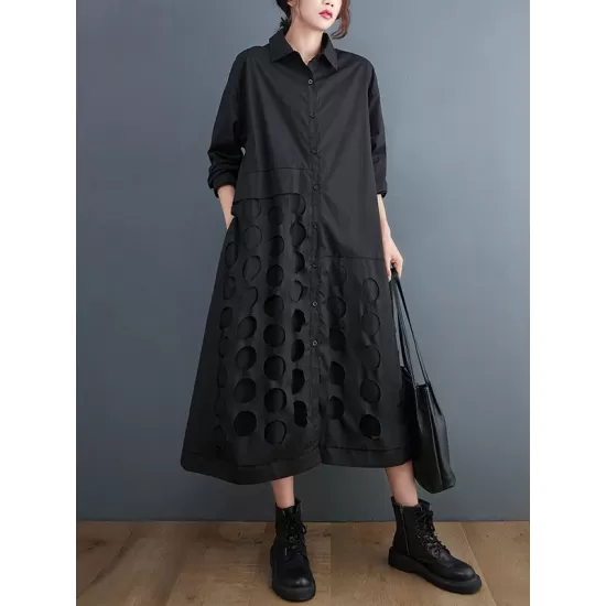Asymmetric Hollow Polka-Dot Solid Color A-Line Long Sleeves Lapel Midi Dresses Asymmetric Hollow Polka-Dot Solid Color A-Line Long Sleeves Lapel Midi Dresses