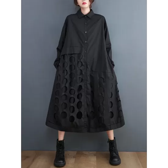 Asymmetric Hollow Polka-Dot Solid Color A-Line Long Sleeves Lapel Midi Dresses Asymmetric Hollow Polka-Dot Solid Color A-Line Long Sleeves Lapel Midi Dresses