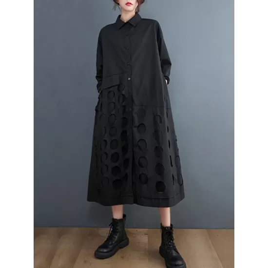 Asymmetric Hollow Polka-Dot Solid Color A-Line Long Sleeves Lapel Midi Dresses Asymmetric Hollow Polka-Dot Solid Color A-Line Long Sleeves Lapel Midi Dresses
